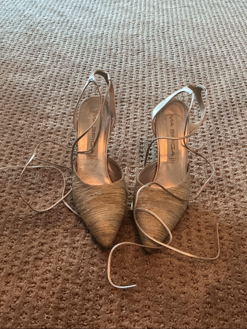 Via Spiga Shimmery Taupe Lace-Up Pointed-Toe Heels